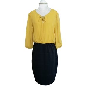 Enfocus Studio Mustard Yellow Black Dress 3/4 Length Sleeve Dress